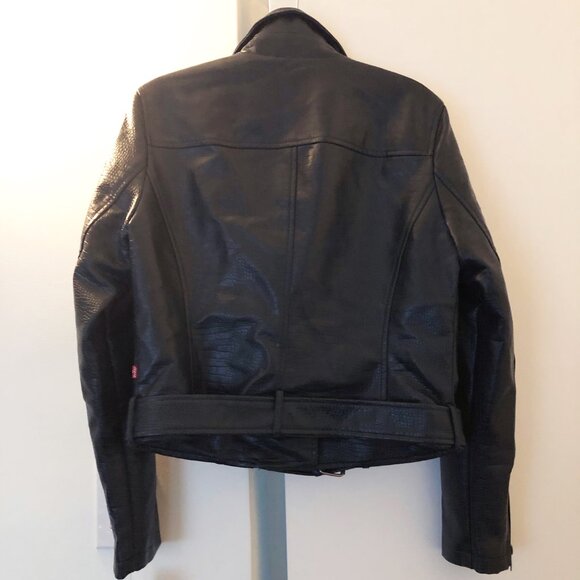 LEVI’S MOTO JACKET PYTHON SNAKESKIN FAUX-LEATHER BELTED HEM INDIGO BLUE M NWT - Picture 2 of 12